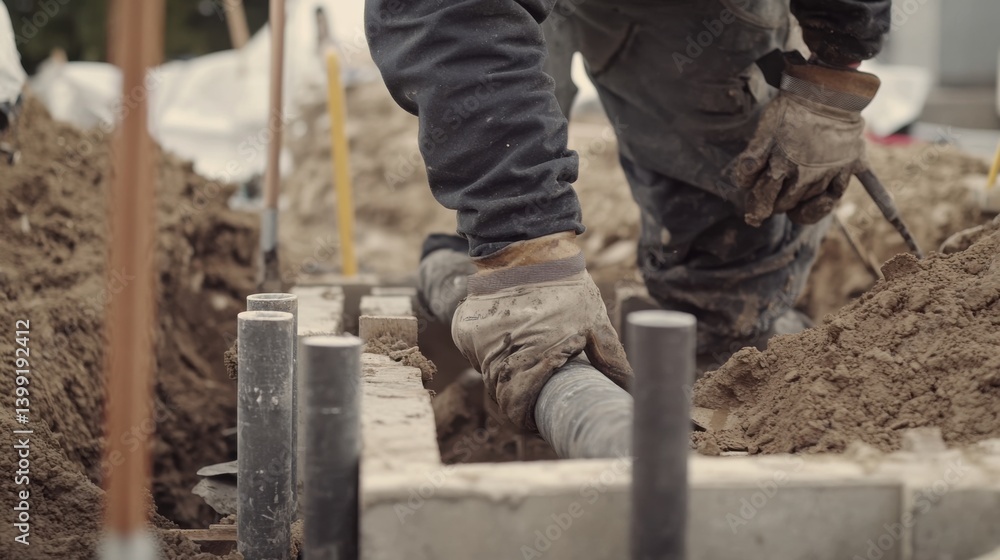 A construction site worker securing pipes to the foundation. Featuring focus and precision A construction site worker securing pipes to the foundation. Featuring focus and precision
