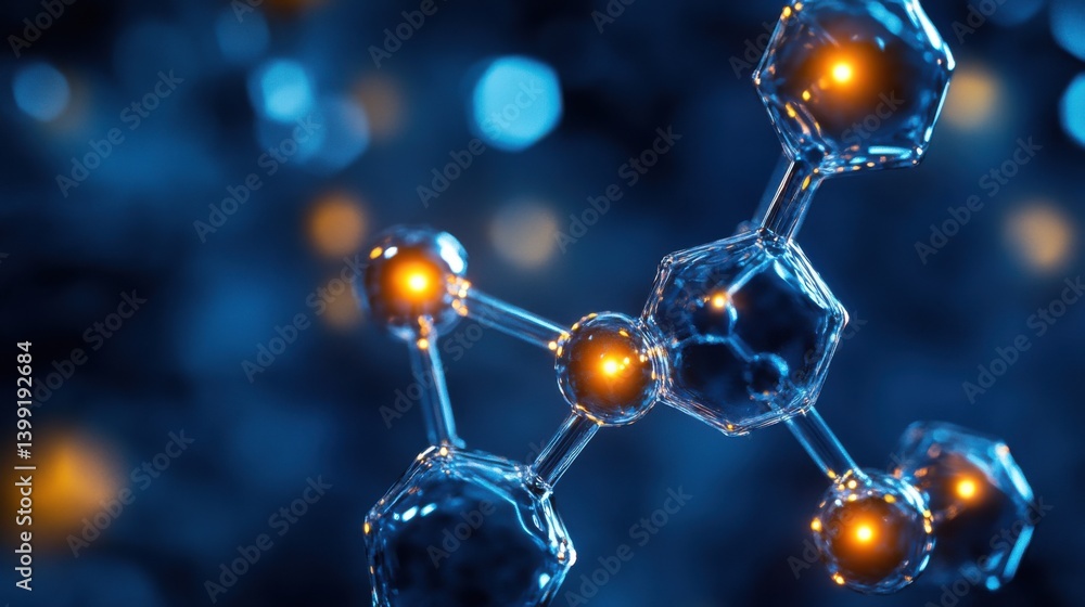 a hyper-detailed macro view of an ethanol molecule (C2H5OH), with glowing atoms and bonds, on a dark blur background
