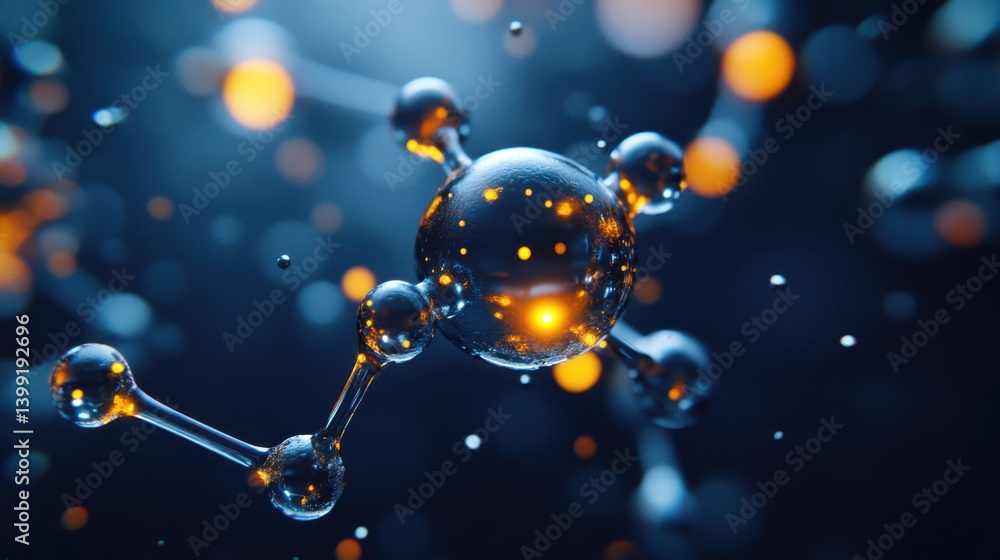 a hyper-detailed macro view of an ethanol molecule (C2H5OH), with glowing atoms and bonds, on a dark blur background
