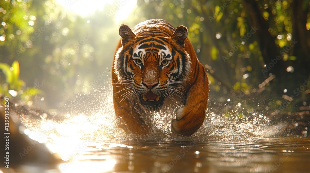 Obraz premium Majestic Tiger in Motion: A Breathtaking Wildlife Encounter