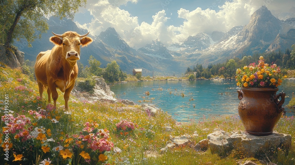 Obraz premium Serene Alpine Meadow: Cow, Lake, and Mountain Majesty