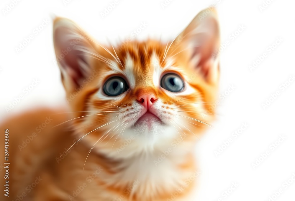 Fototapeta premium A tiny orange kitten gazes upward with wide, curious eyes, isolated on white, domestic cat, kitty