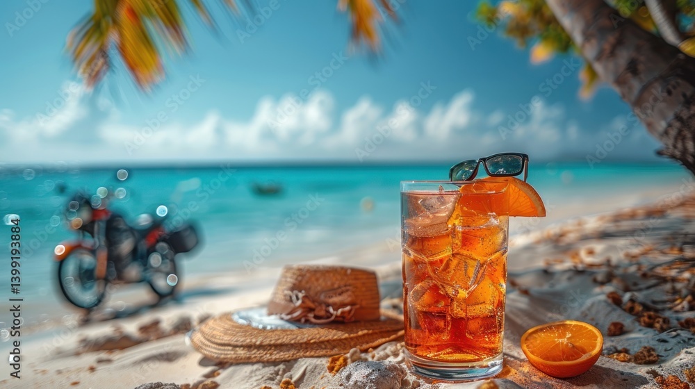 Tropical Beach Drink with Motorcycle, Straw Hat, and Sun Glasses Tropical Beach Drink with Motorcycle, Straw Hat, and Sun Glasses