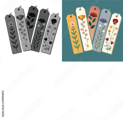 Pressed Floral Bookmark vector design illustration set with vintage ribbon