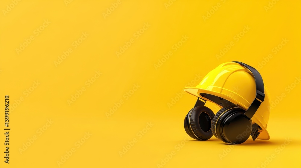 Bright Yellow Hard Hat and Headphones on Vibrant Yellow Background