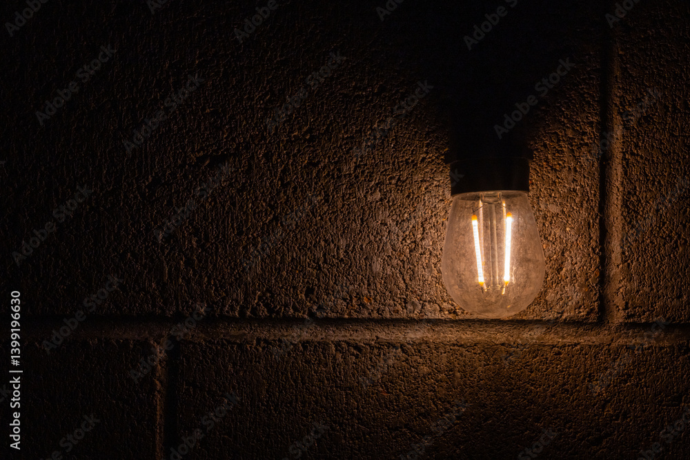 Filament In Lightbulb Glows Against Concrete Block Wall