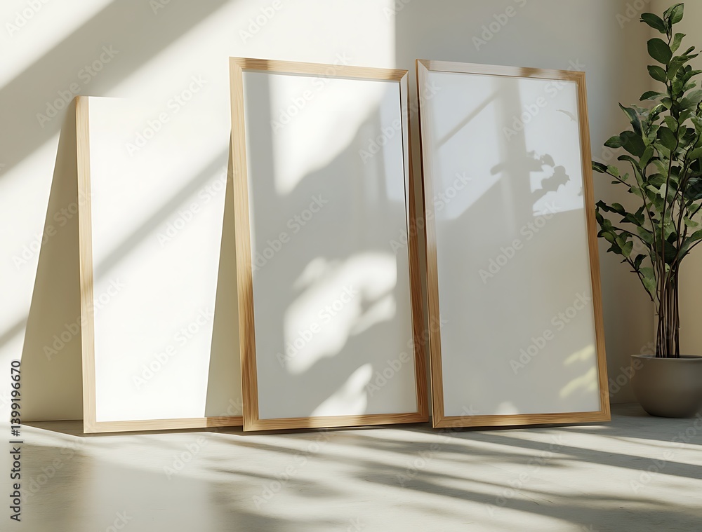 Minimalist Empty Picture Frames on Floor with Sunlight and Indoor Plant in Contemporary Space Minimalist Empty Picture Frames on Floor with Sunlight and Indoor Plant in Contemporary Space