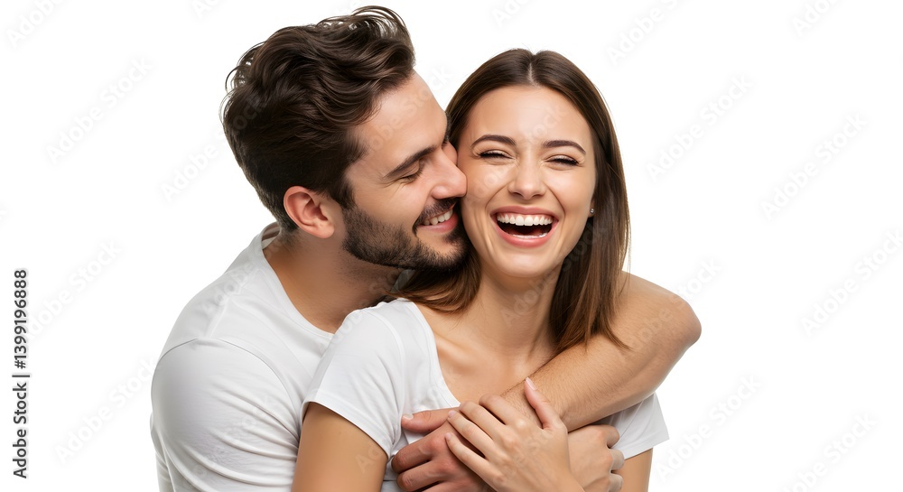 A joyful couple embraces, with the man nuzzling the smiling woman's cheek, radiating happiness and love in a simple, clean portrait. A joyful couple embraces, with the man nuzzling the smiling woman's cheek, radiating happiness and love in a simple, clean portrait.