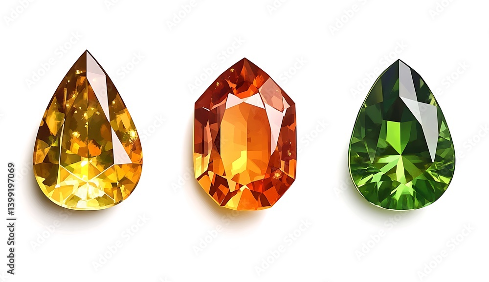 Brilliant Cut Pear-Shaped Gems in Yellow Orange and Green Colors Displayed on a White Background Brilliant Cut Pear-Shaped Gems in Yellow Orange and Green Colors Displayed on a White Background