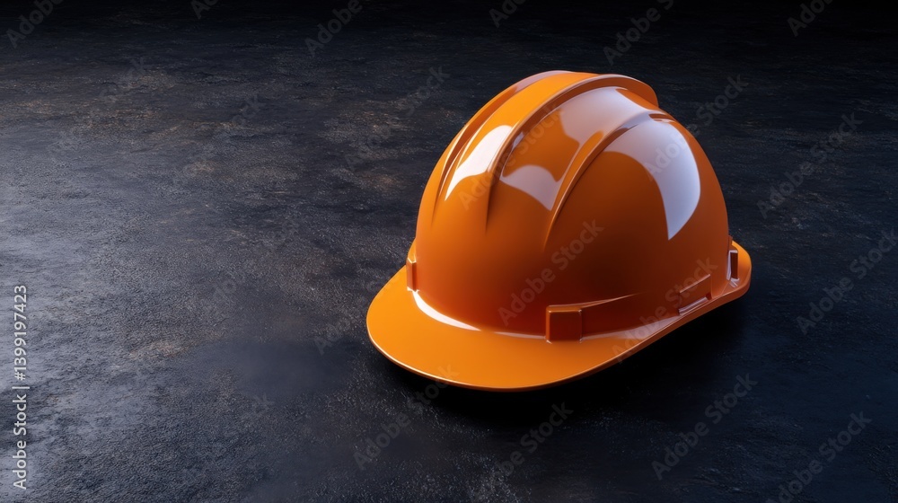 Bright Orange Hard Hat on Dark Surface Isolated with Dramatic Lighting