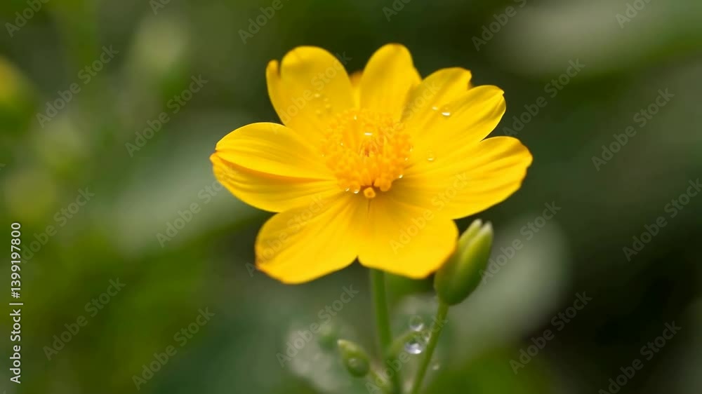 Bright yellow flower with water droplets in a lush green background, symbolizing nature's beauty Bright yellow flower with water droplets in a lush green background, symbolizing nature's beauty