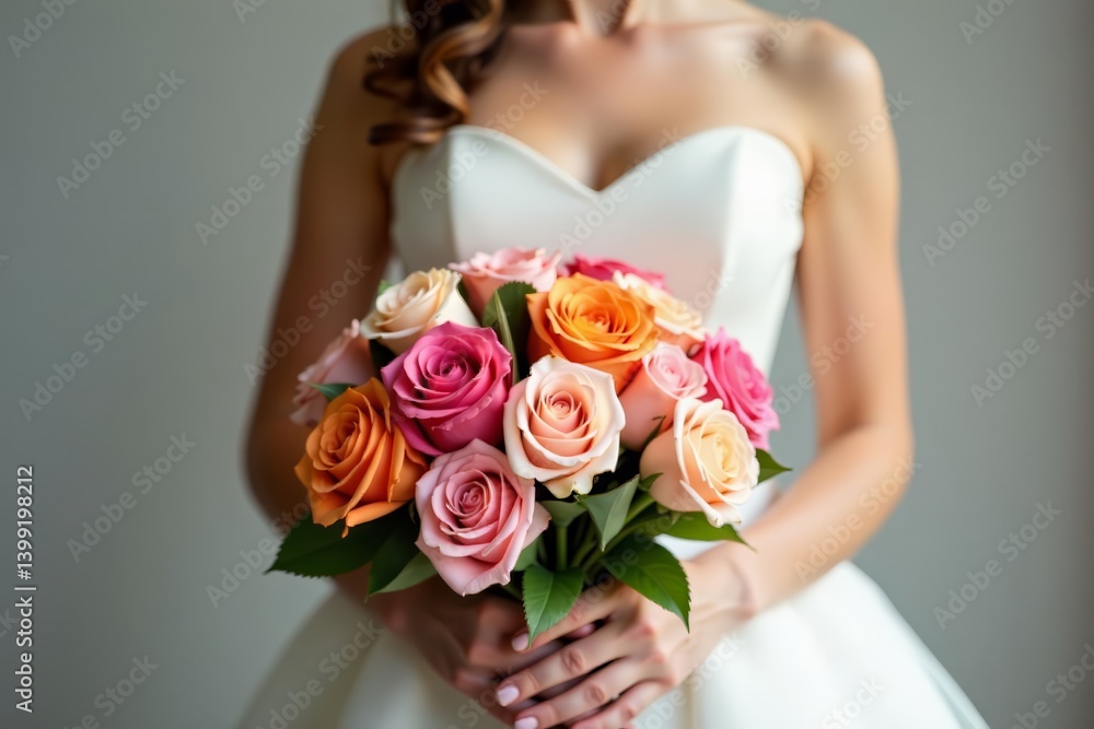 Naklejka premium Elegant bride holding a colorful bouquet of roses, romantic, marriage, dress