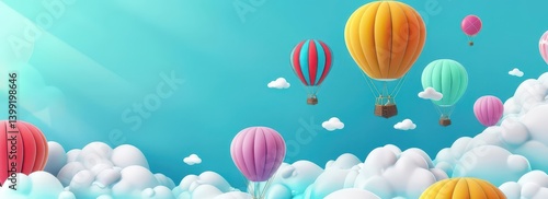Colorful hot air balloons floating among fluffy clouds in a bright blue sky.