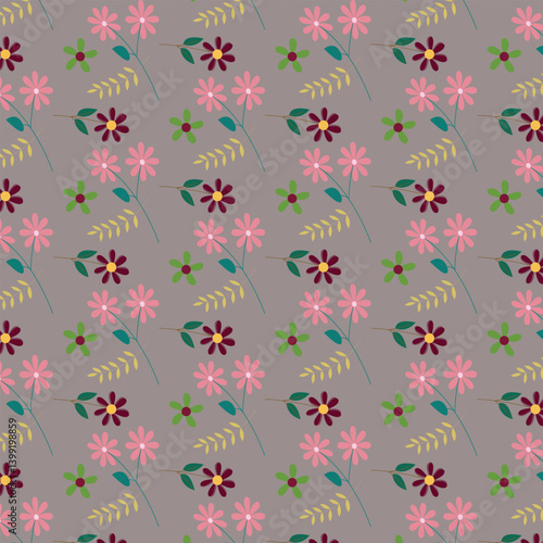 Seamless Floral Pattern with Pink and Maroon Flowers on Grey Background