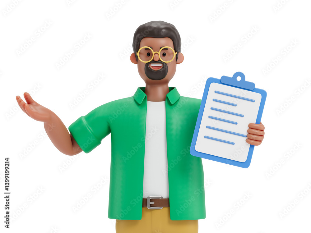 Man holding document, gesturing, symbolizes explanation or presentation of information. 3D rendering, conceptual image. Isolated on white background. Man holding document, gesturing, symbolizes explanation or presentation of information. 3D rendering, conceptual image. Isolated on white background.