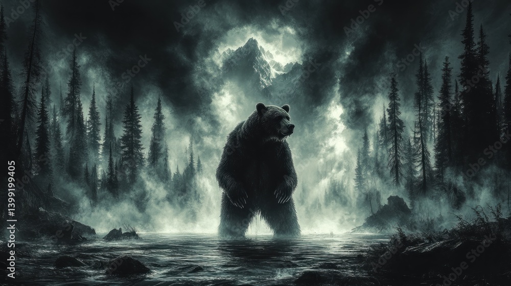 Obraz premium Majestic Grizzly in a Misty Mountain Lake