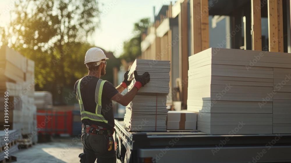 A construction site worker unloading building materials from a truck. Featuring teamwork and coordination A construction site worker unloading building materials from a truck. Featuring teamwork and coordination