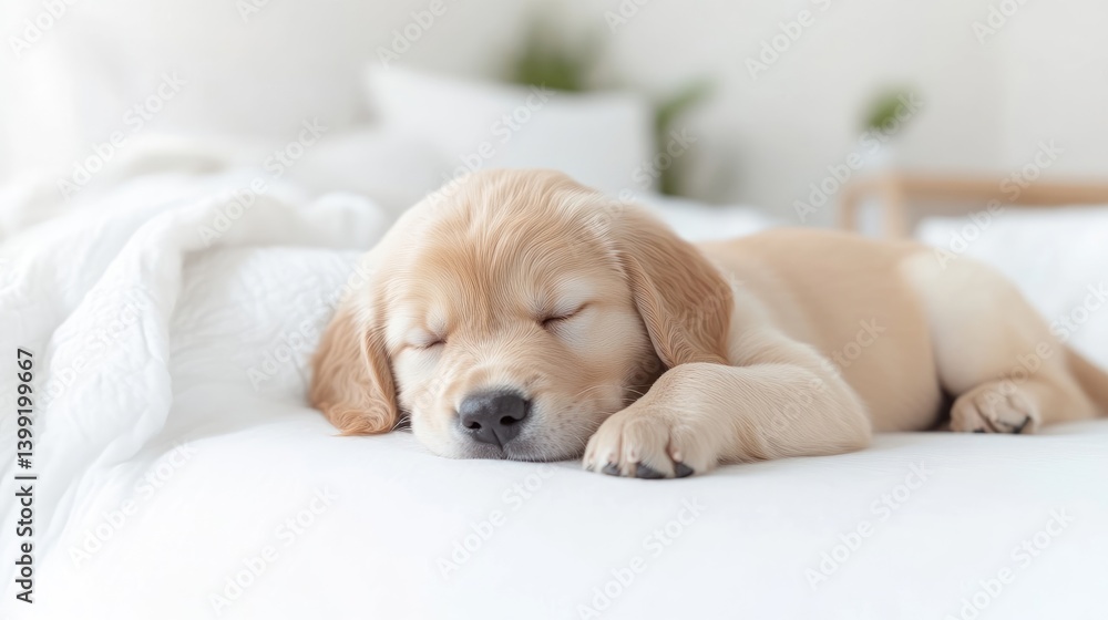 Obraz premium Adorable Golden Retriever Puppy Sleeping on a Bed