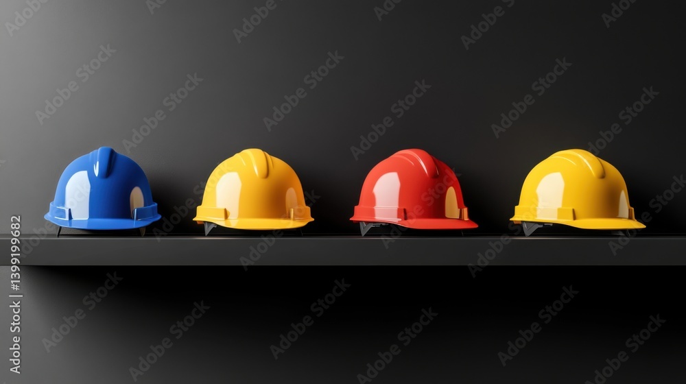 Colorful Construction Hard Hats Displayed on a Shelf for Safety Gear