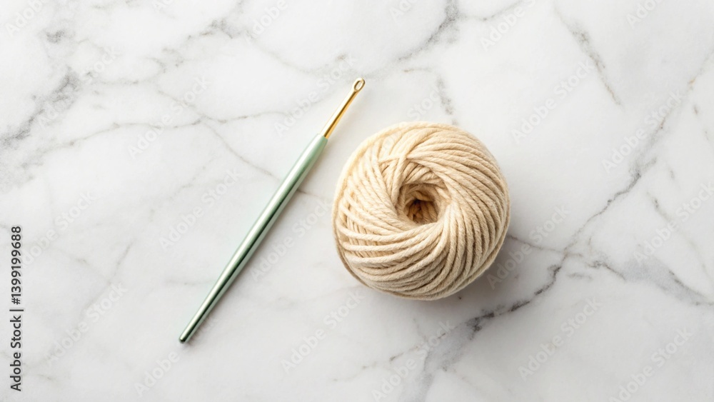 A single crochet hook and a small skein of yarn centered on a white marble surface A single crochet hook and a small skein of yarn centered on a white marble surface