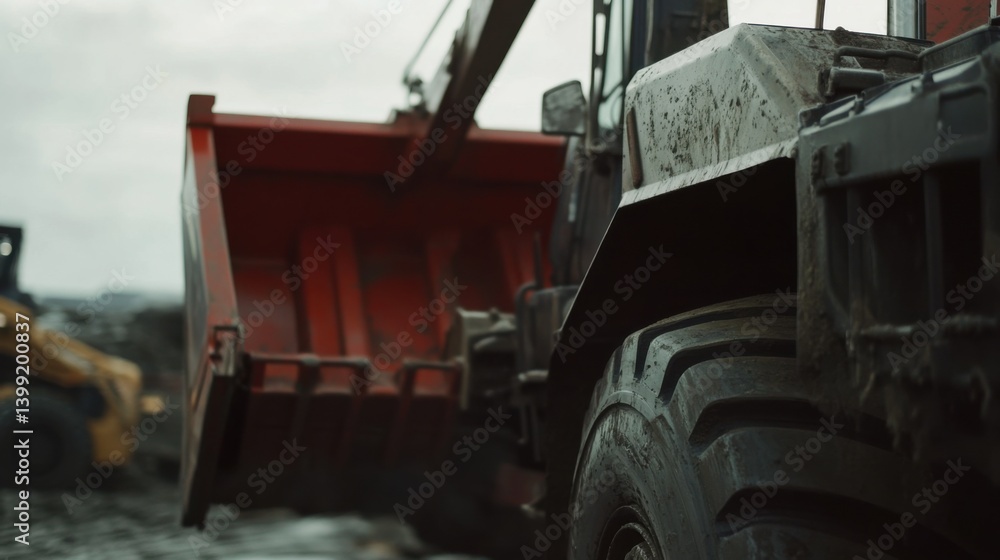 Obraz premium A construction site worker unloading heavy equipment from a truck. Featuring teamwork and logistics