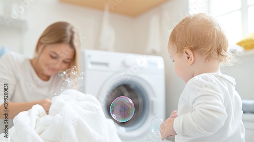 Mother and child in laundry room