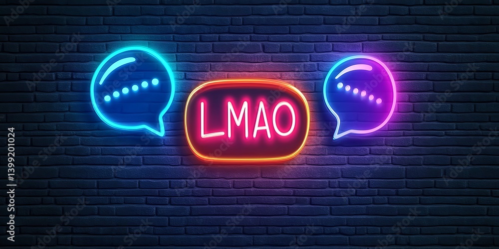 Obraz premium Colorful Neon Sign with LMAO Text and Speech Bubbles on Brick Wall Background