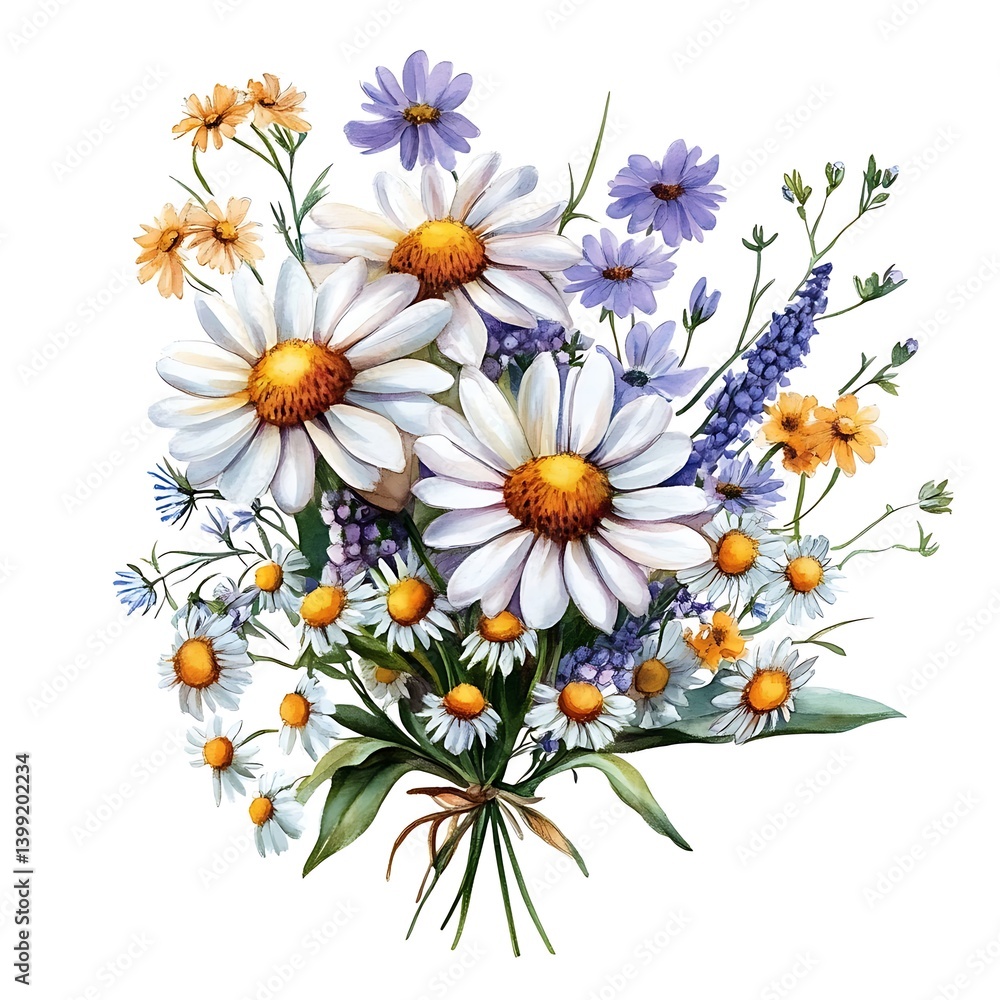 Fototapeta premium Beautiful Floral Bouquet with Vibrant Wildflowers and Fresh Greenery on White Background