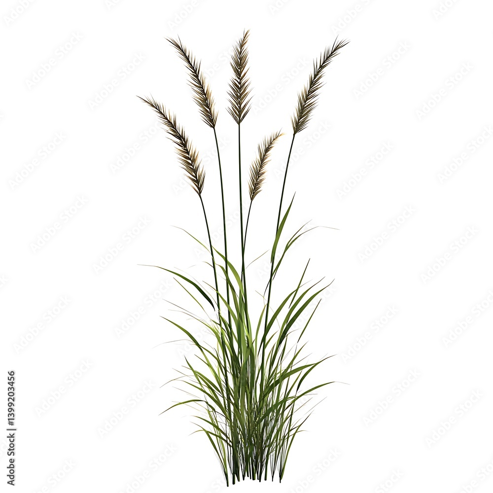 Fototapeta premium Tall Grass Plant with Delicate Seed Heads Against a White Background in Natural Style