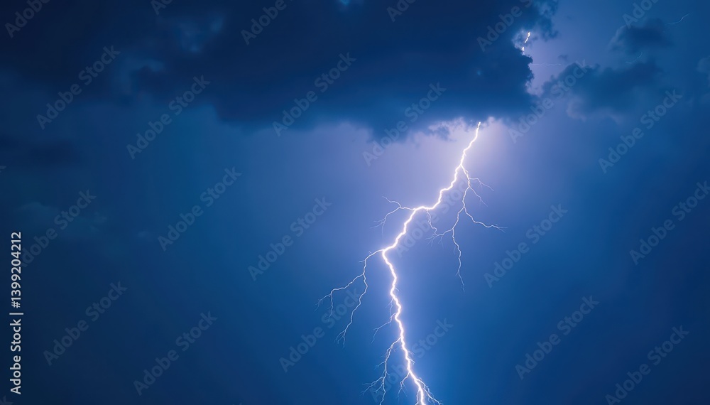 Dark blue sky, ominous clouds, jagged lightning flash , unpredictable, blue Dark blue sky, ominous clouds, jagged lightning flash , unpredictable, blue