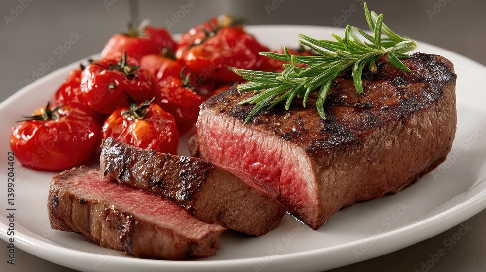A gourmet shot of a perfectly cooked steak placed on vibrant roasted tomatoes, illuminated by natural light. The soft lighting enhances the textures and details, captured in stunning 120 megapixels. A gourmet shot of a perfectly cooked steak placed on vibrant roasted tomatoes, illuminated by natural light. The soft lighting enhances the textures and details, captured in stunning 120 megapixels.