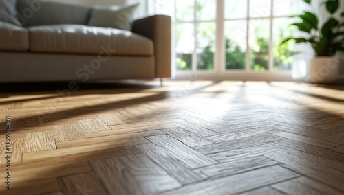 Sunlight streams onto a herringbone wooden floor, highlighting a cozy living room