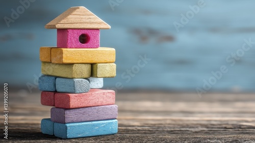A child's building blocks tower precariously balanced - toy squares plastic tower kids