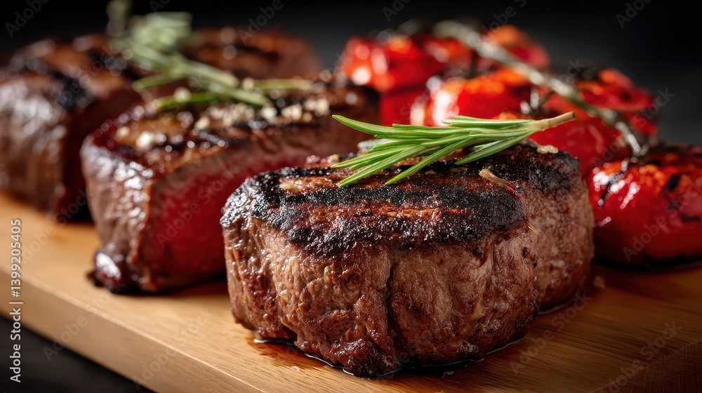 An ultra-clear image of a perfectly cooked steak, seasoned and resting on a bed of roasted tomatoes. The soft natural lighting highlights the tender textures. An ultra-clear image of a perfectly cooked steak, seasoned and resting on a bed of roasted tomatoes. The soft natural lighting highlights the tender textures.
