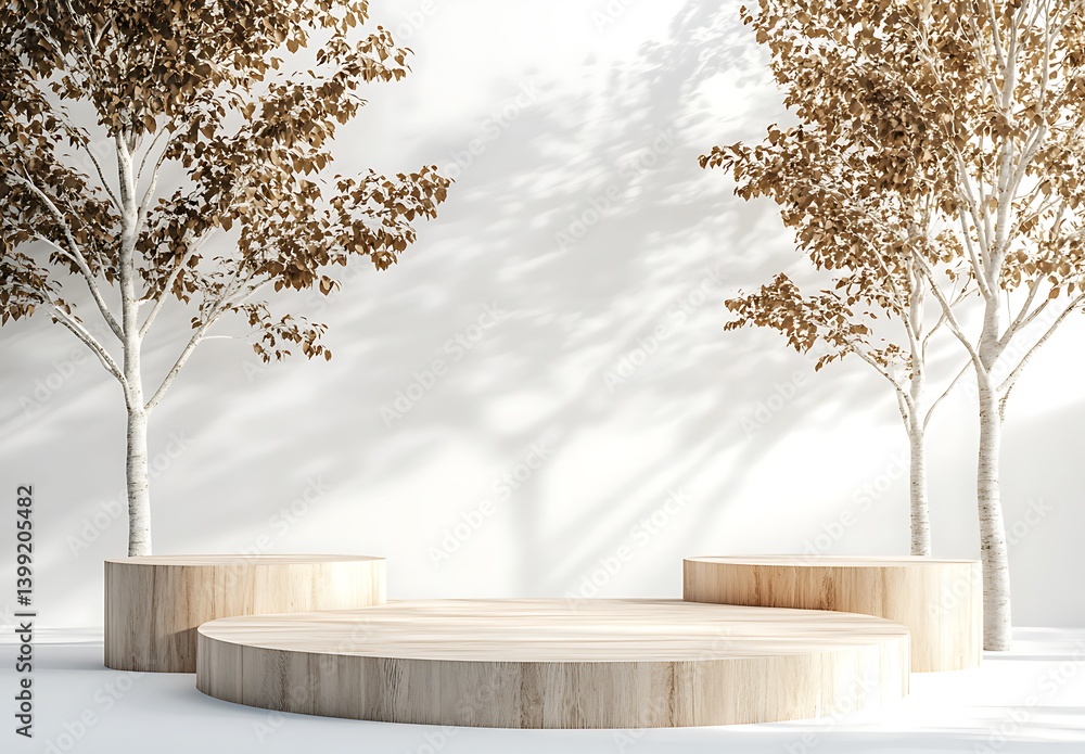 Obraz premium Modern Minimalist Display with Wooden Platforms and Artistic Trees in Bright White Space