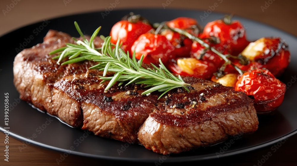 An ultra-clear image of a perfectly cooked steak, seasoned and resting on a bed of roasted tomatoes. The soft natural lighting highlights the tender textures. An ultra-clear image of a perfectly cooked steak, seasoned and resting on a bed of roasted tomatoes. The soft natural lighting highlights the tender textures.