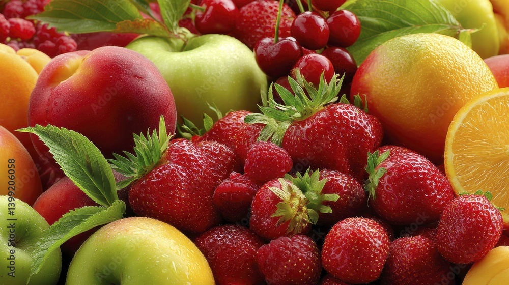 A vibrant assortment of freshly picked seasonal fruits - harvest berries organic A vibrant assortment of freshly picked seasonal fruits - harvest berries organic