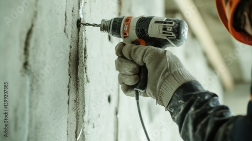 A construction site worker using a power drill to secure a fixture to a wall. Featuring precision and skill
