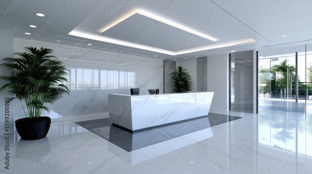 Fototapeta premium Modern, minimalist office lobby with marble reception desk
