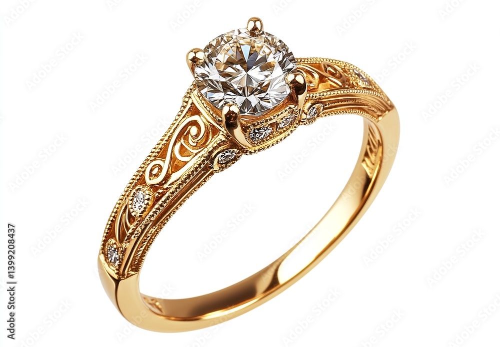 Elegant gold ring adorned with a dazzling solitaire diamond and intricate filigree detailing. A timeless piece of jewelry. Elegant gold ring adorned with a dazzling solitaire diamond and intricate filigree detailing. A timeless piece of jewelry.