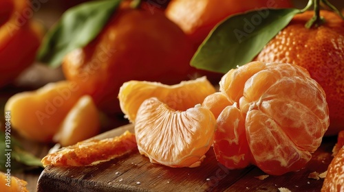 Close-up shot of a mandarin orange, peeled segments, sweet scent - close-up perfume culinary