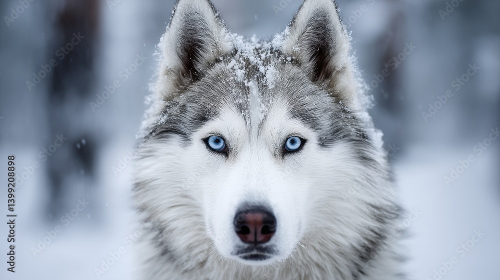 Majestic Arctic Siberian Husky, thick white fur, intense blue eyes, winter landscape - Powerful Frost Landscape Cold Majestic Arctic Siberian Husky, thick white fur, intense blue eyes, winter landscape - Powerful Frost Landscape Cold