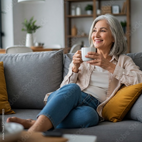 Happy beautiful relaxed mature older adult grey-haired woman drinking coffee relaxing on sofa at home. Smiling stylish middle aged 60s lady enjoying resting sitting on couch in modern living room
