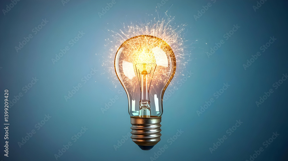 Glowing Lightbulb With Sparkles Against Blue Background Glowing Lightbulb With Sparkles Against Blue Background