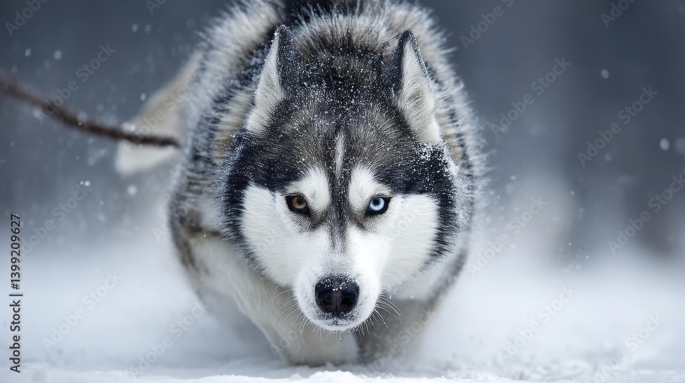 Naklejka premium Majestic Arctic Siberian Husky, thick white fur, intense blue eyes, winter landscape - Snowy Frost Wonderland Fluffy Intense