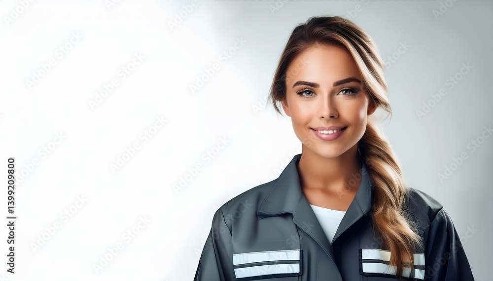 This image features a smiling young woman in a gray work uniform with distinctive white stripes and long, softly styled hair that enhances her approachable demeanor and a light background This image features a smiling young woman in a gray work uniform with distinctive white stripes and long, softly styled hair that enhances her approachable demeanor and a light background