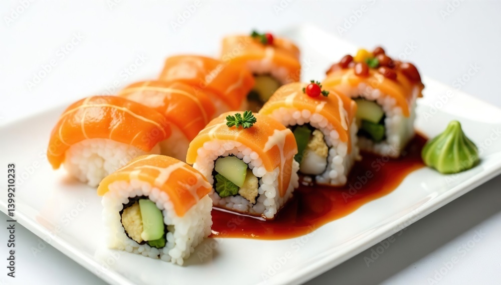 Variety of sushi rolls, soy sauce, wasabi, ginger, white background, plate, rolls, sauce Variety of sushi rolls, soy sauce, wasabi, ginger, white background, plate, rolls, sauce
