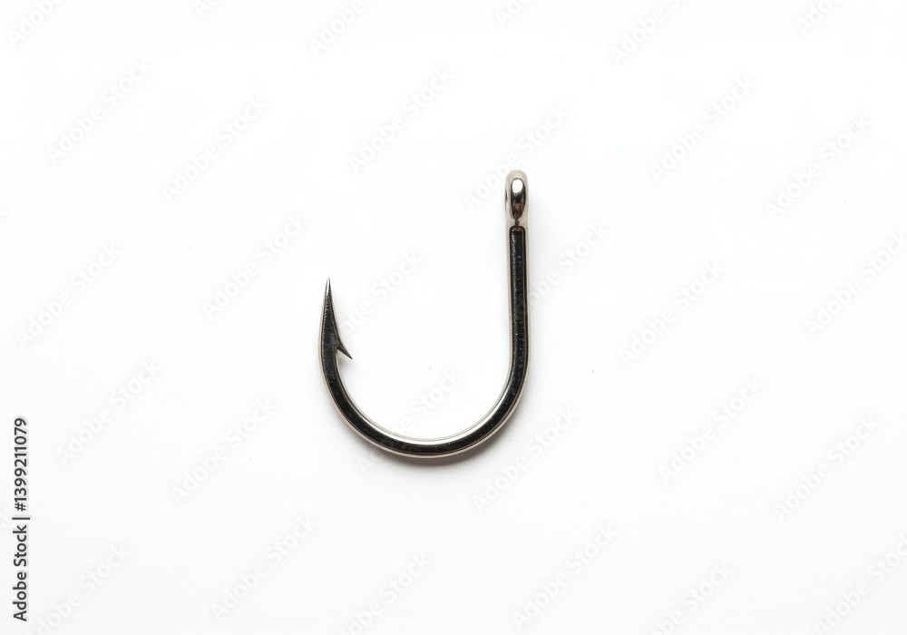 A close up studio shot of a single metal fishing hook isolated on a white background surface centered A close up studio shot of a single metal fishing hook isolated on a white background surface centered