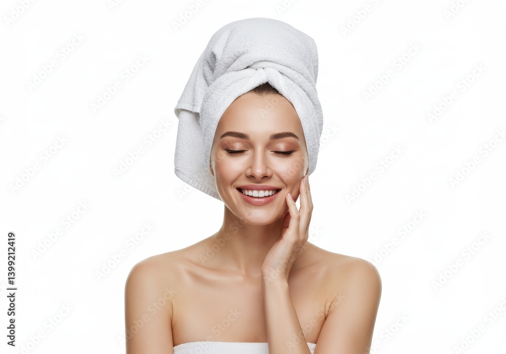 Portrait of a smiling woman with a towel on her head touching her face on a white background Portrait of a smiling woman with a towel on her head touching her face on a white background