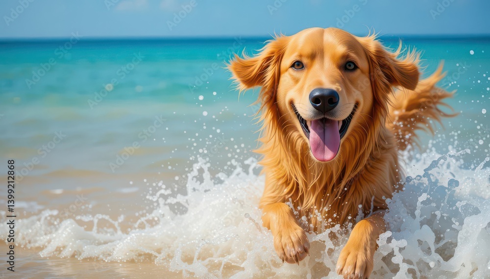 A Cheerful Golden Retriever Splashing in the Ocean on a Bright, Sunny Beach Day A Cheerful Golden Retriever Splashing in the Ocean on a Bright, Sunny Beach Day